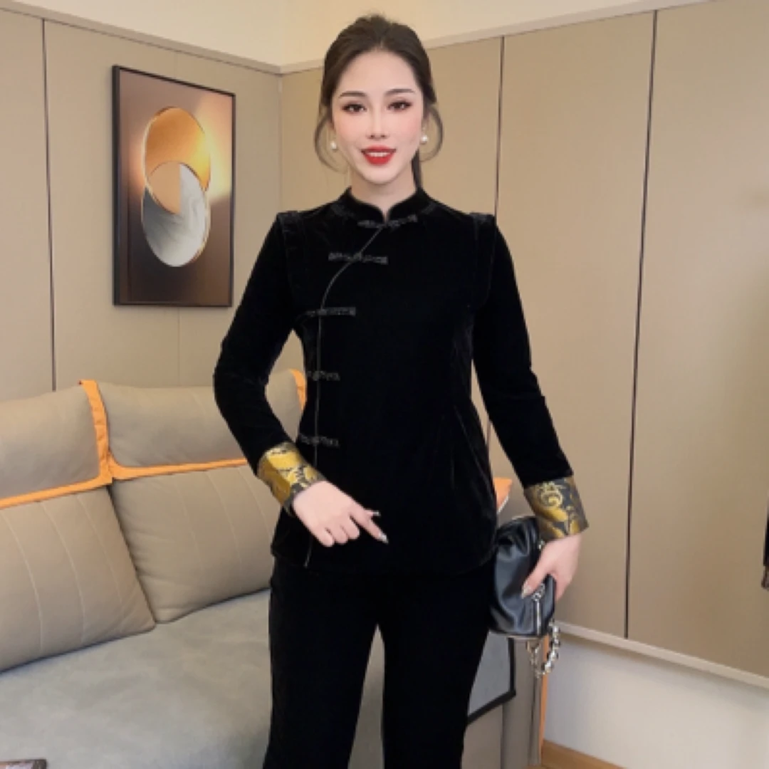 6723设计师原创高端品质新中式醋酸丝绒女长袖小衫休闲秋冬时尚款