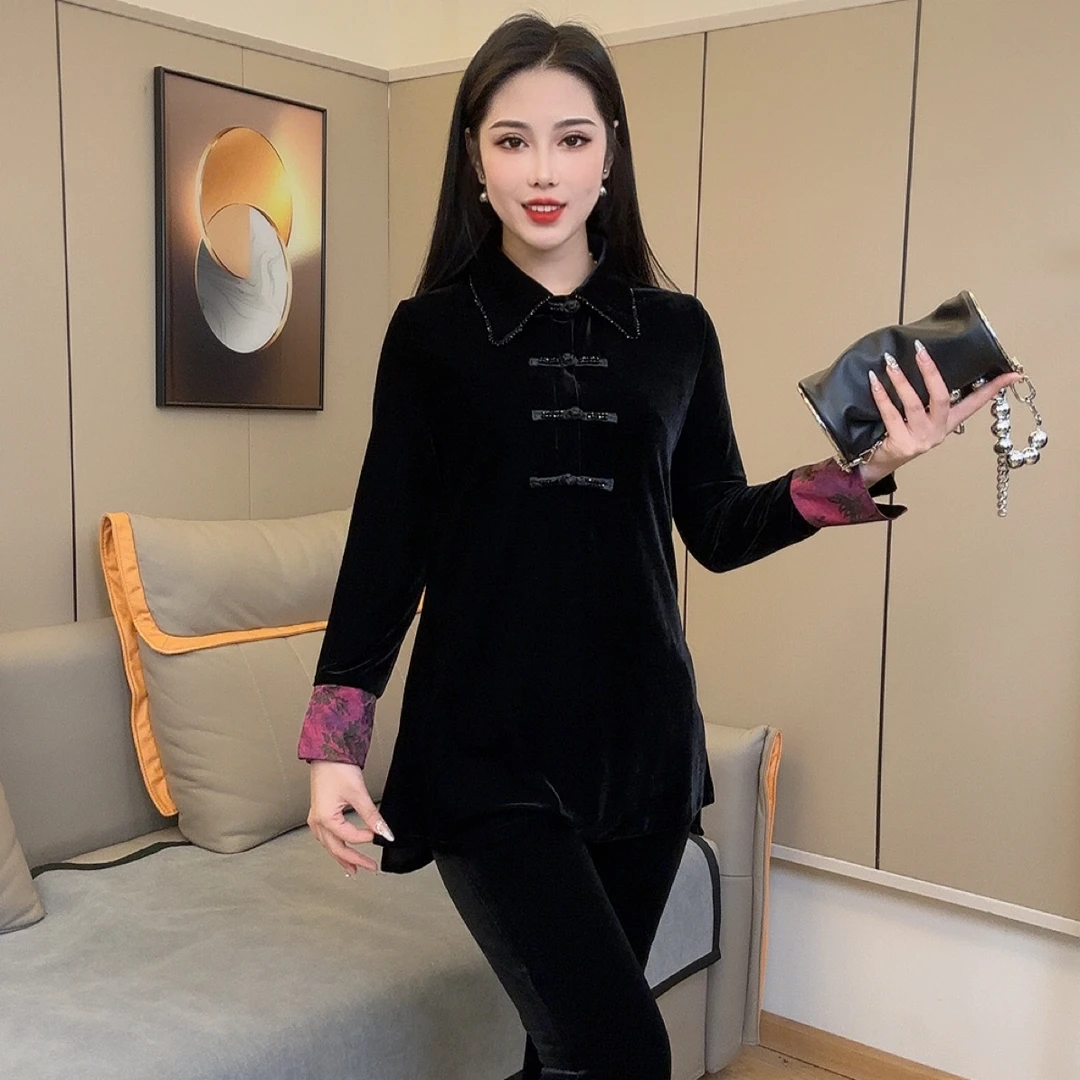 6720新款醋酸丝绒设计师原创定制高端品质新中式拼接手工钉珠盘扣