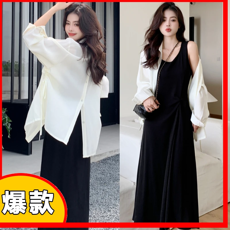 2024爆款大码裙子女胖妹妹新款背心裙子连衣裙女款衬衫裙两件套