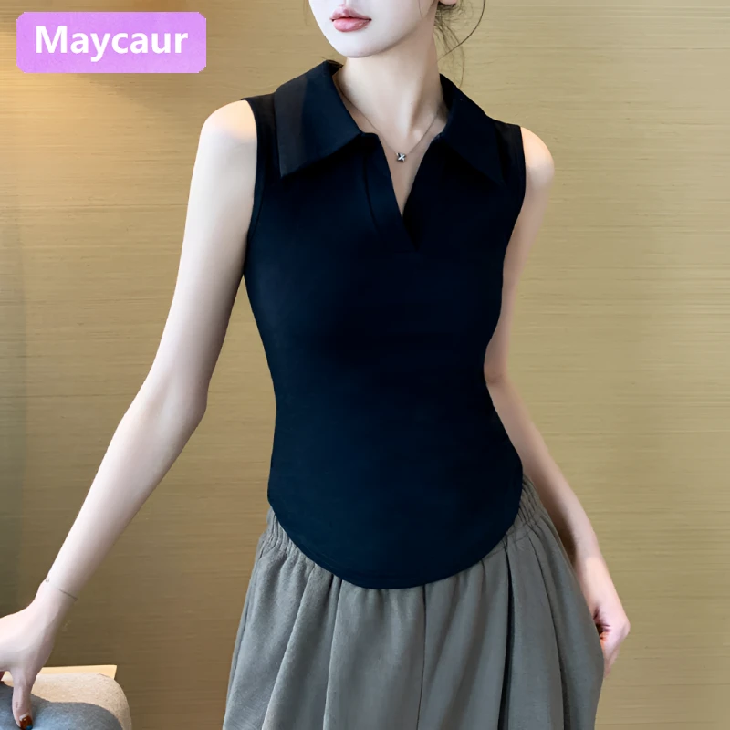 Maycaur韩式黑色polo领吊带背心女夏季2024新款弧形下摆无袖短款