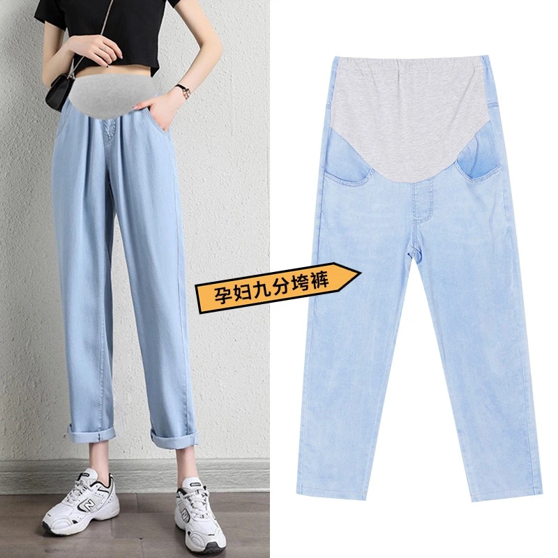 孕妇牛仔夏季超薄弹力丝丝牛仔爽滑休闲托腹裤