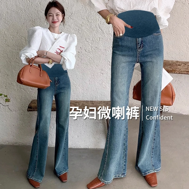孕妇牛仔喇叭裤秋冬季外穿牛仔裤弹力简约休闲镰刀裤长裤