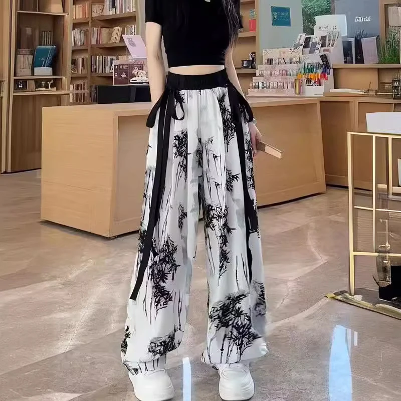 夏季薄款冰丝缎纹飘带阔腿裤女百搭透气宽松印花扎染显瘦休闲裤