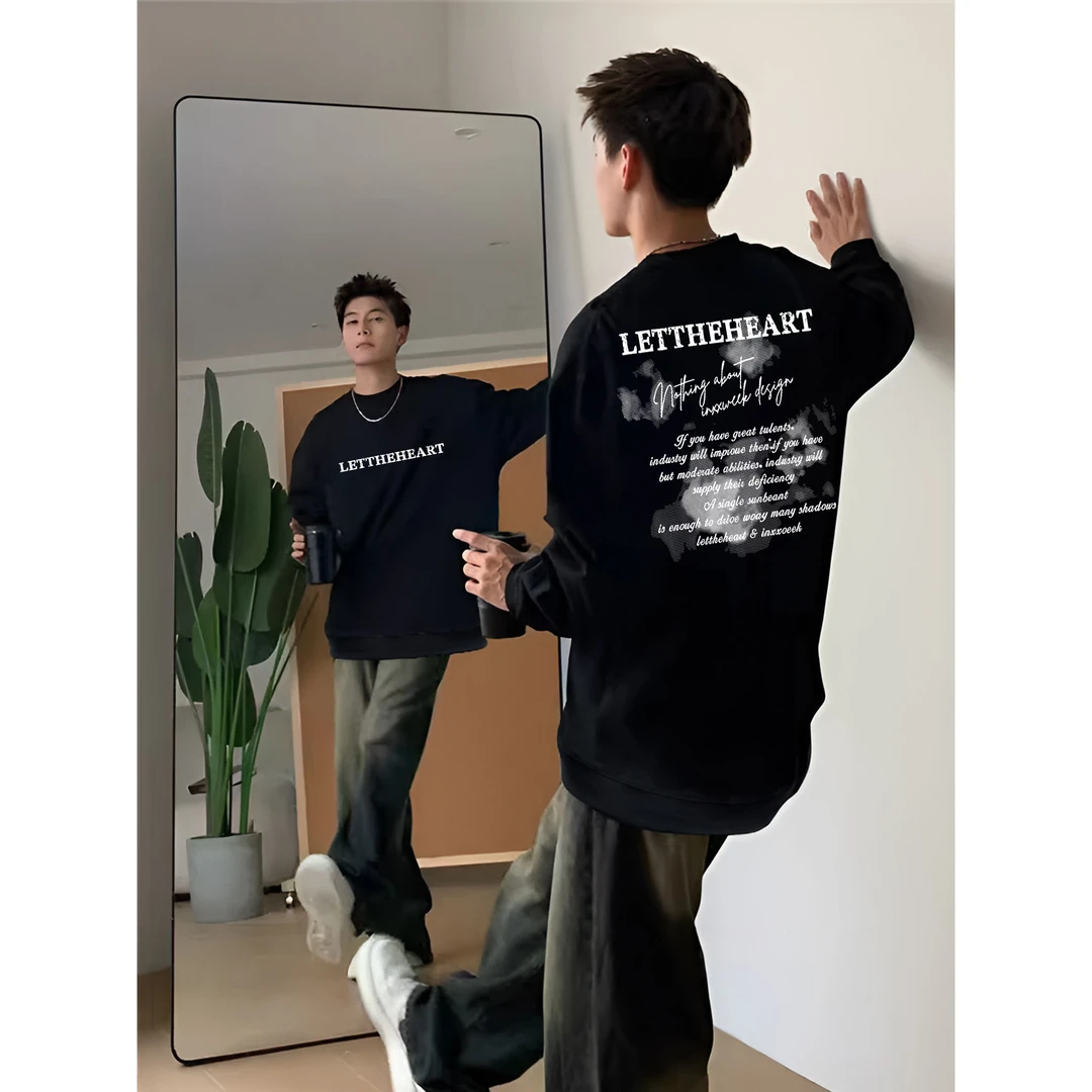 美式复古潮牌圆领卫衣男女同款宽松潮流秋冬季加绒加厚百搭上衣服