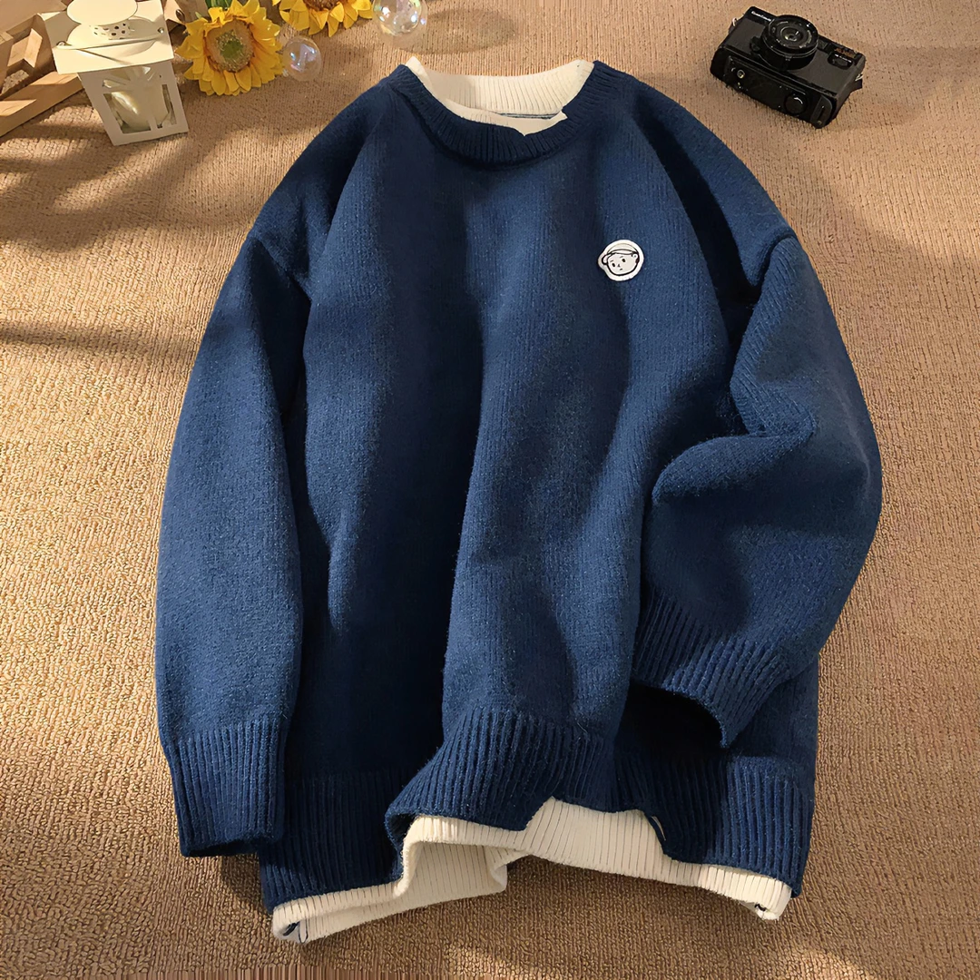 假两件针织衫毛衣男秋冬美式潮牌加厚外套宽松慵懒风内搭打底线衣