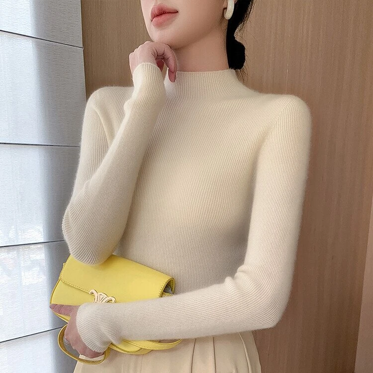 恒源祥彩羊新款修身羊毛衫无缝一体秋冬半高领黑色打底