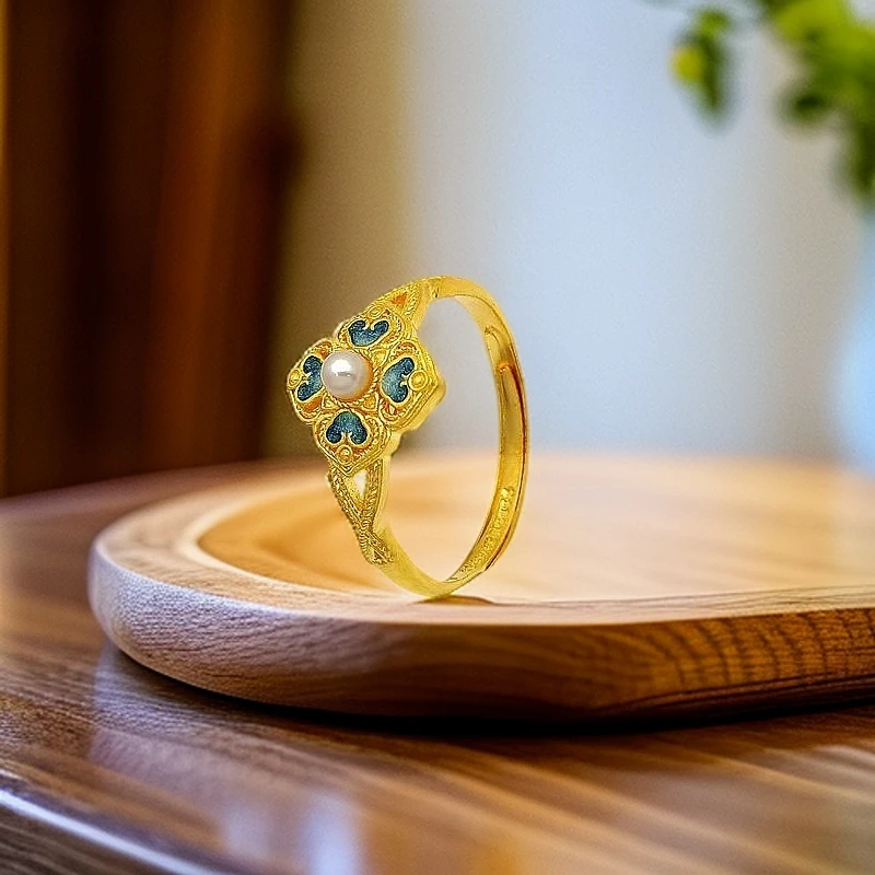 【梦金园】亿纯高精工足金99999珐琅四方如意珍珠款戒指