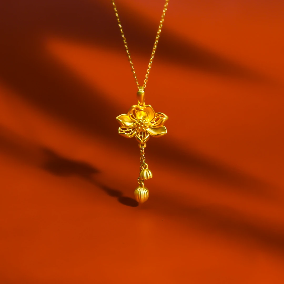 【梦金园】黄金9999足金百搭时尚精致并蒂莲莲花送礼物吊坠