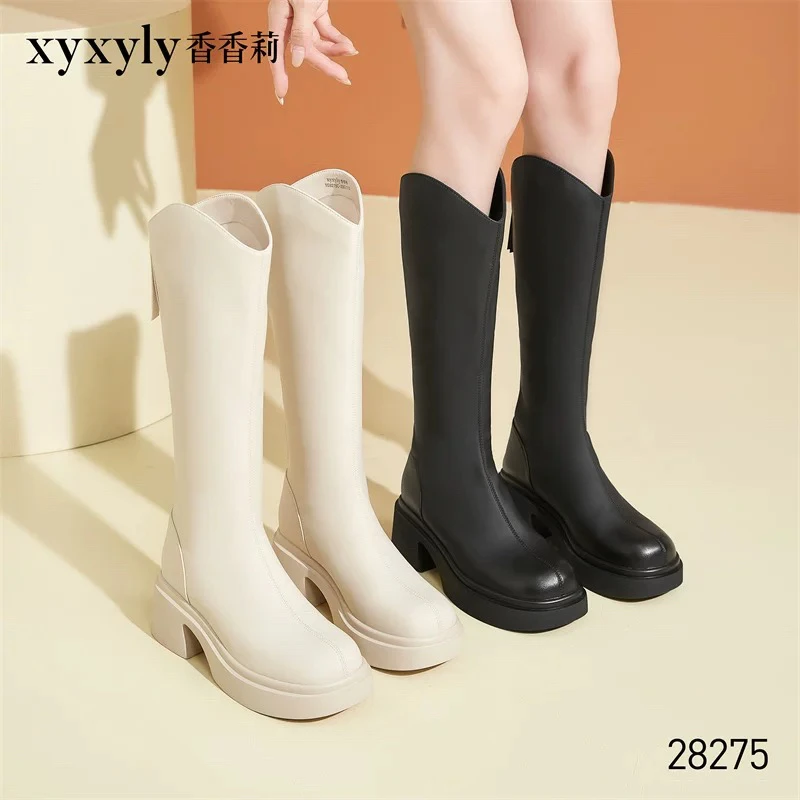 香香莉2024冬季高筒加绒方跟厚底米色工作骑士百搭女棉靴子M28275