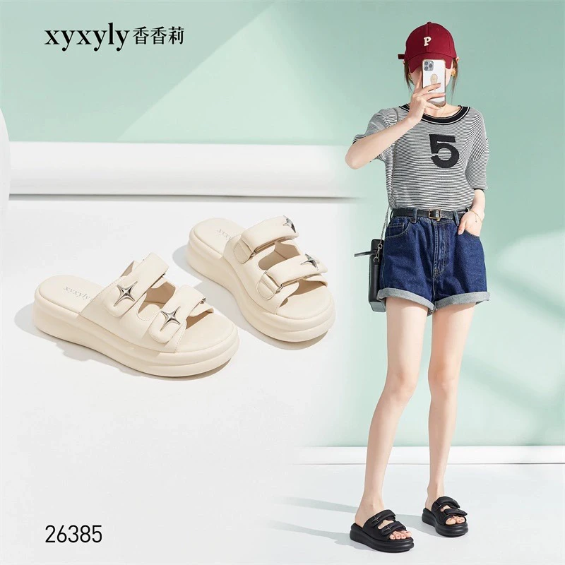 香香莉2024夏季女鞋外穿厚底松糕底韩版学院风一字女凉拖鞋L26385