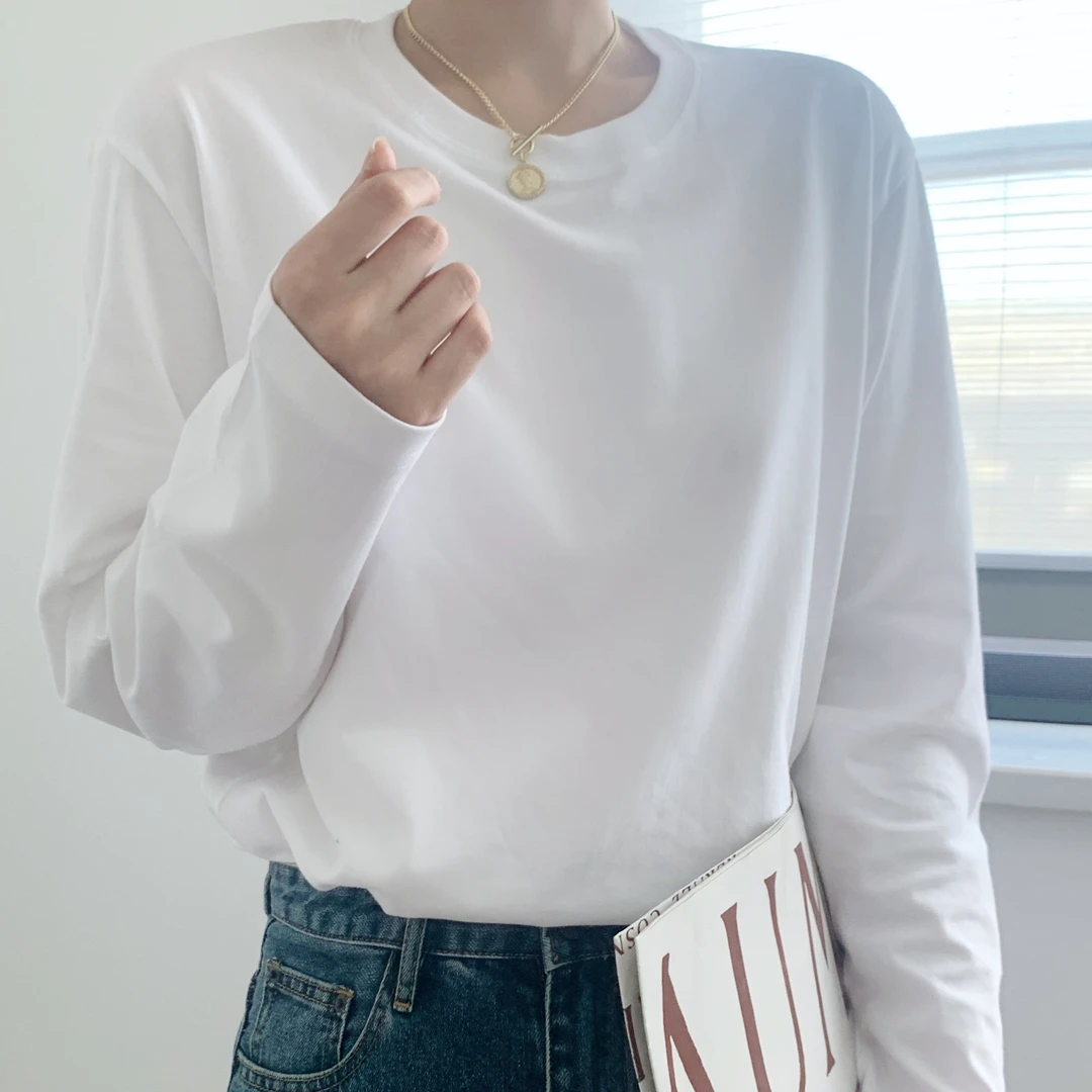 300克重磅新疆长绒棉纯色圆领长袖T恤纯棉套头男女百搭宽松打底衫