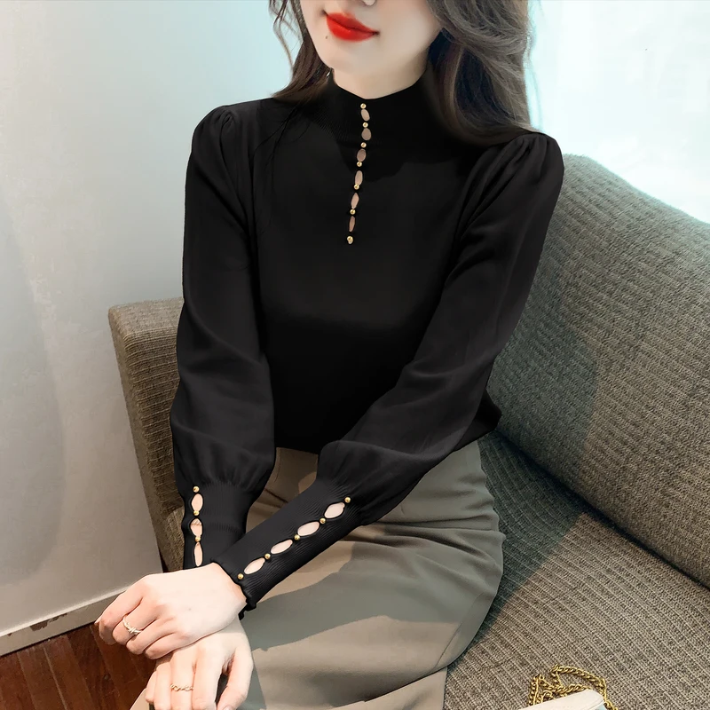 2023秋冬季新款韩版修身打底衫女士毛衣秋季中领针织灯笼袖打底衫