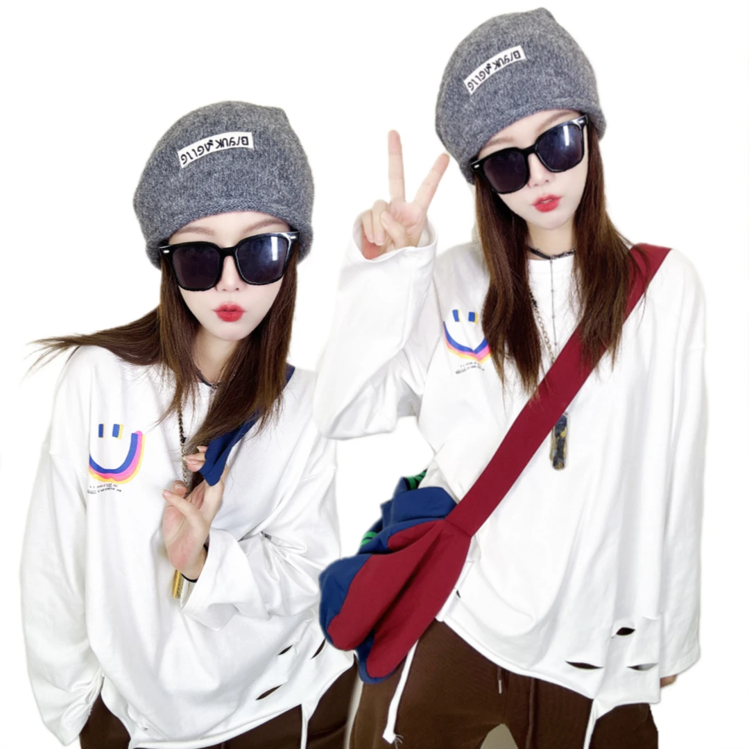 A223秋冬新款宽松显瘦个性休闲百搭白色纯棉打底衫长袖T恤女