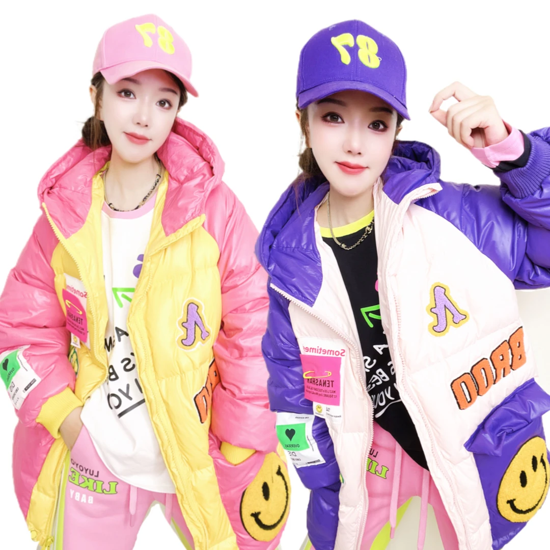 冬装新款宽松百搭休闲洋气刺绣连帽中长款白鸭绒羽绒服外套女A629