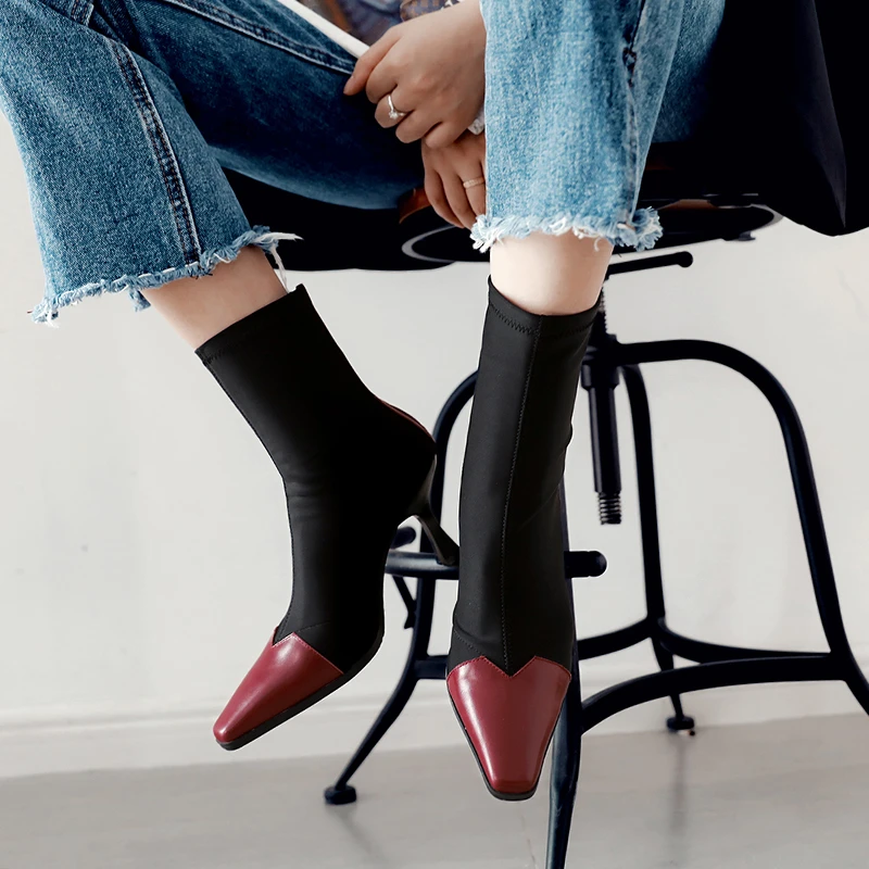喵小姐&888女士秋冬短筒时尚真皮鞋弹力靴/袜靴欧美细跟拼色拼色