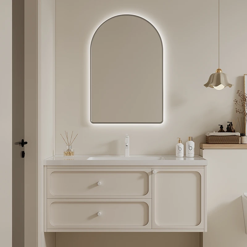 法式奶油风橡木智能浴室柜一体洗脸洗手台盆柜轻奢复古洗手台组合