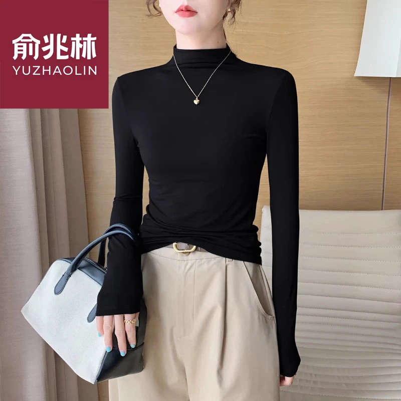 俞兆林黑色半高领打底衫女内搭2024春秋冬季新款洋气长袖薄款上衣