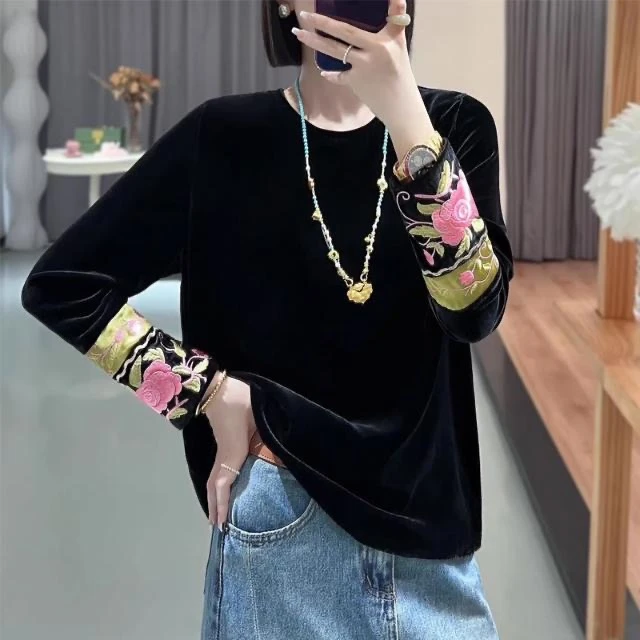 新中式国风洋气时髦上衣2023秋季丝绒袖子刺绣叠穿内搭打底衫T恤