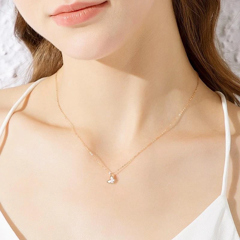 18K金蝴蝶白贝项链玫瑰金色套链小清新弹簧扣 贝母蝴蝶项链