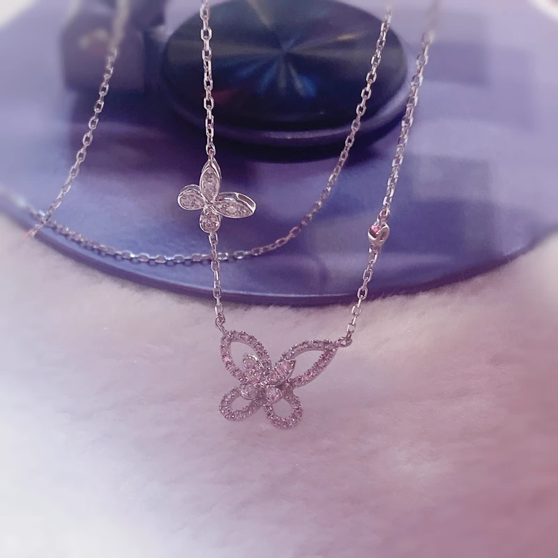 通体18K金双蝴蝶钻石项链甜美气质18k金钻石项链