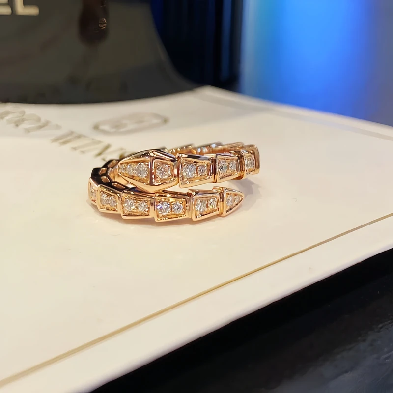 18K金天然南非真钻灵蛇戒玫瑰金（圈口可选）满钻蛇戒金镶钻戒指