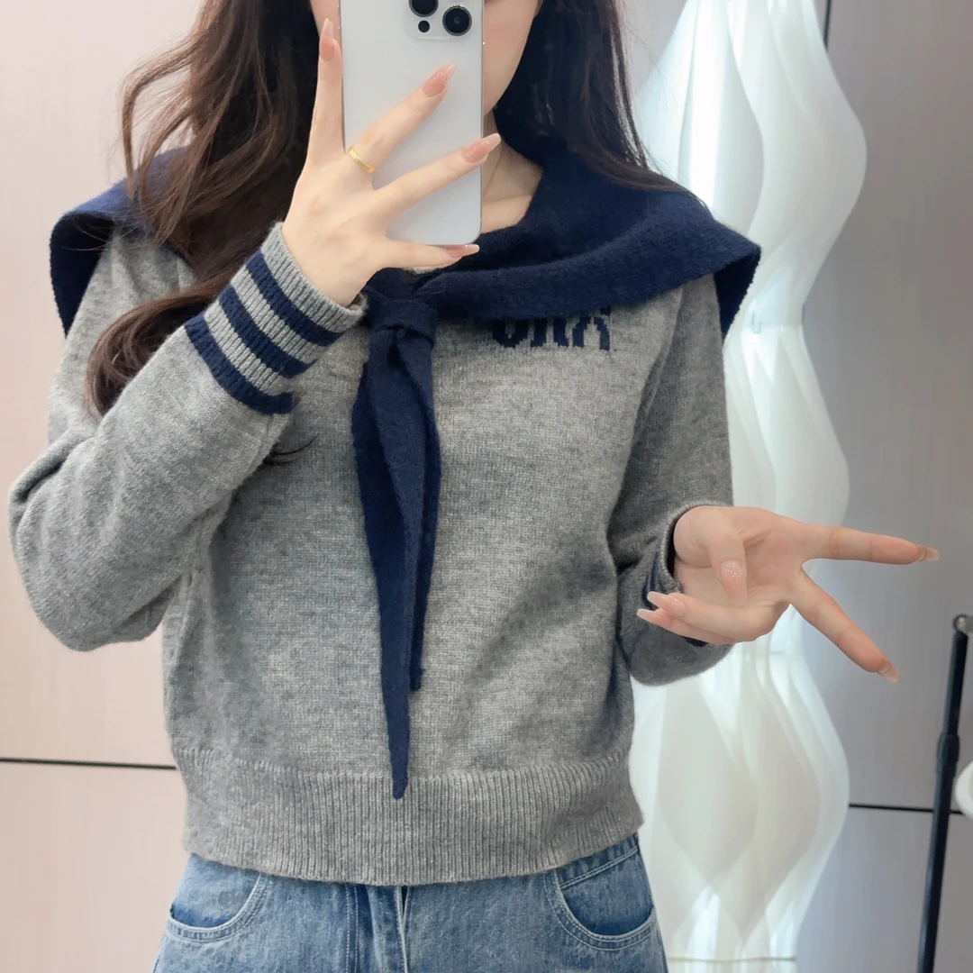 7403撞色披肩假两件针织衫毛衣秋季2024秋冬新款上衣入秋韩系穿搭