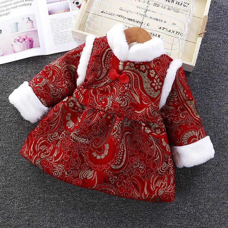 女童中国风唐装连衣裙拜年服冬装过年新年装汉服女童洋气外套棉服