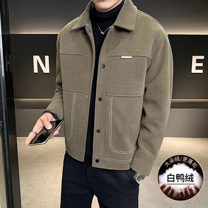 2024冬季新款羽绒服男韩版修身加厚呢子夹克外套休闲青年短款上衣