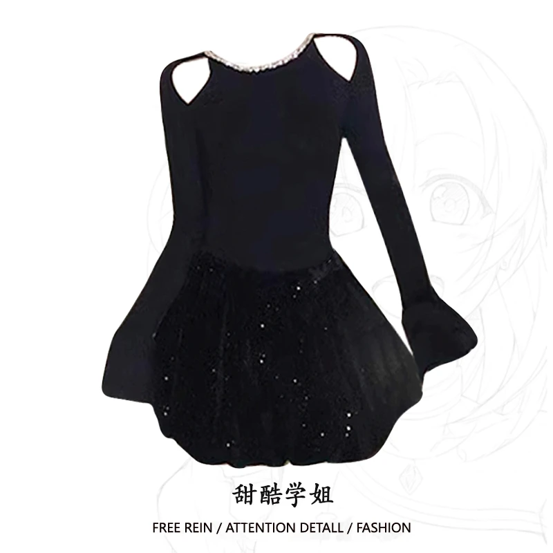 大码秋冬圣诞小黑裙连衣裙胖妹妹千金风长袖生日战袍裙子花苞裙女