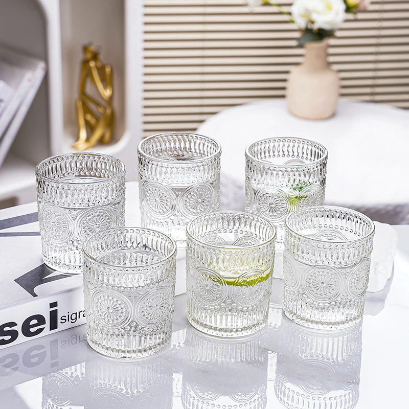 【六只装】高档浮雕玻璃太阳花杯创意复古家用果汁饮料透明杯