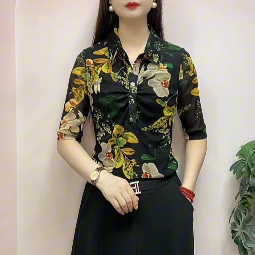 2024新款翻领玉兰花T恤微胖妈妈显瘦气质百搭小衫