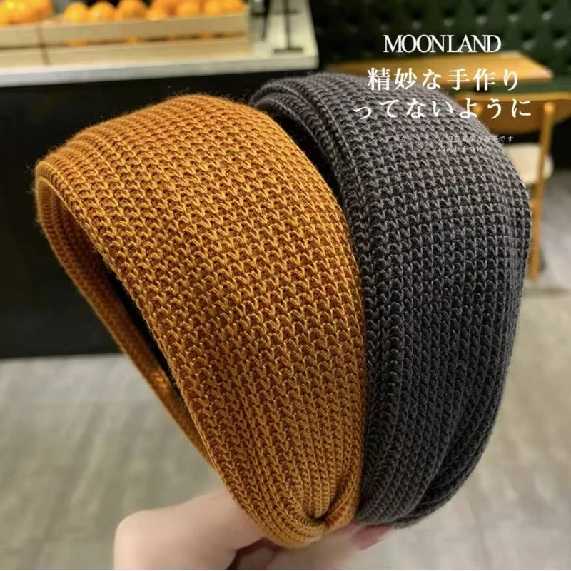 复古港风~秋冬大毛线手工针织编制宽边高颅顶古早发箍气质发圈