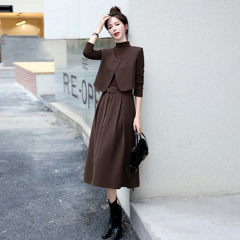 洋气女神范马甲连衣裙法式三件套7882高级感中长款初春气质长袖