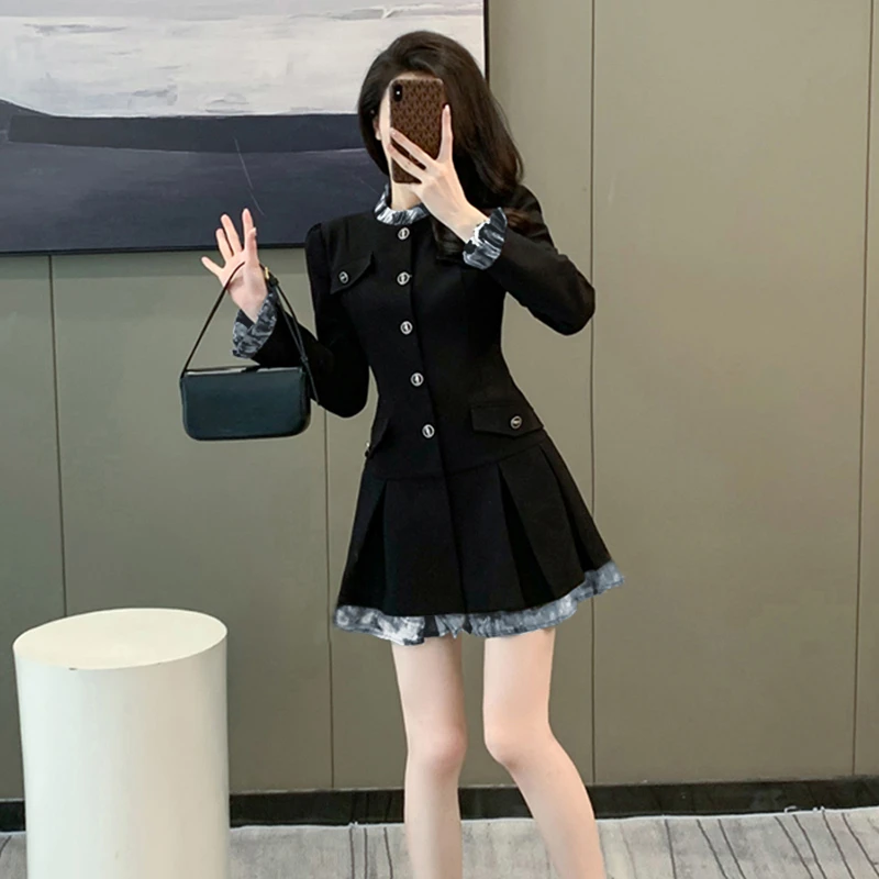 复古法式小香风连衣裙女2024新款气质拼接黑色收腰百褶A字裙6554