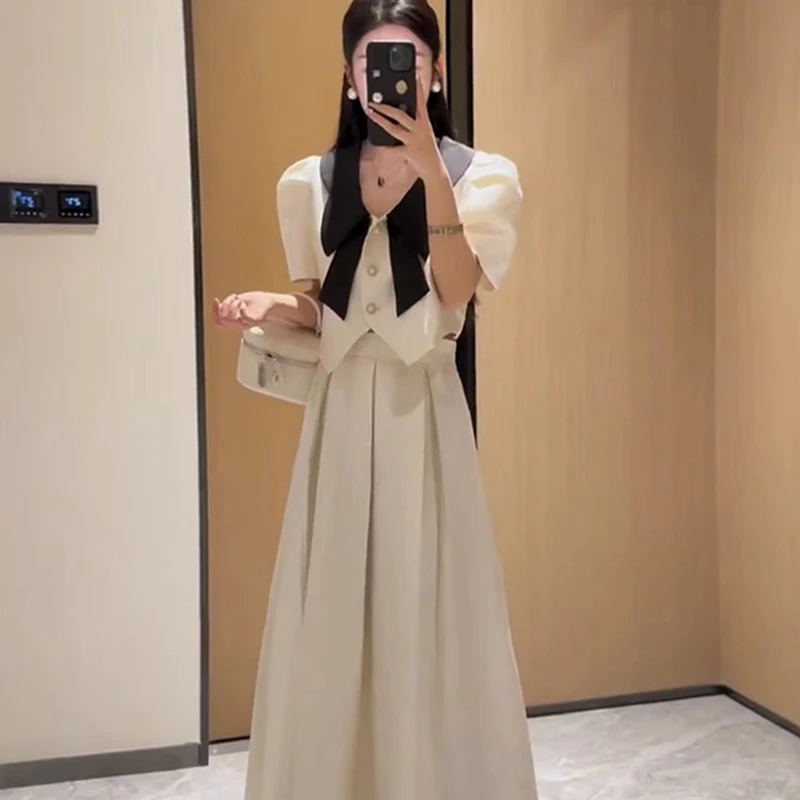 【两件套】2024夏季新款套装小香风撞色泡泡袖短款外套高腰裙子