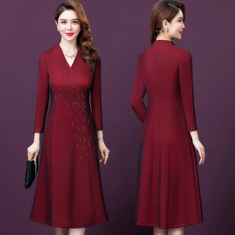 秋季红色喜婆婆礼服高档旗袍妈妈装连衣裙敬酒服订婚高端婚庆长袖