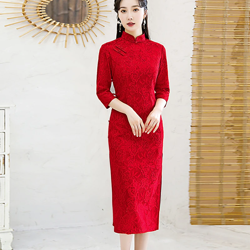 红色旗袍喜婆婆礼服婚宴高端日常七分袖国风连衣裙复古秋冬妈妈装