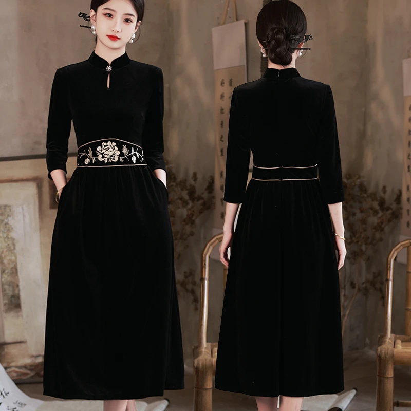 高贵改良旗袍裙正宗长款妈妈装长袖裙子春秋冬季金丝绒高端日常