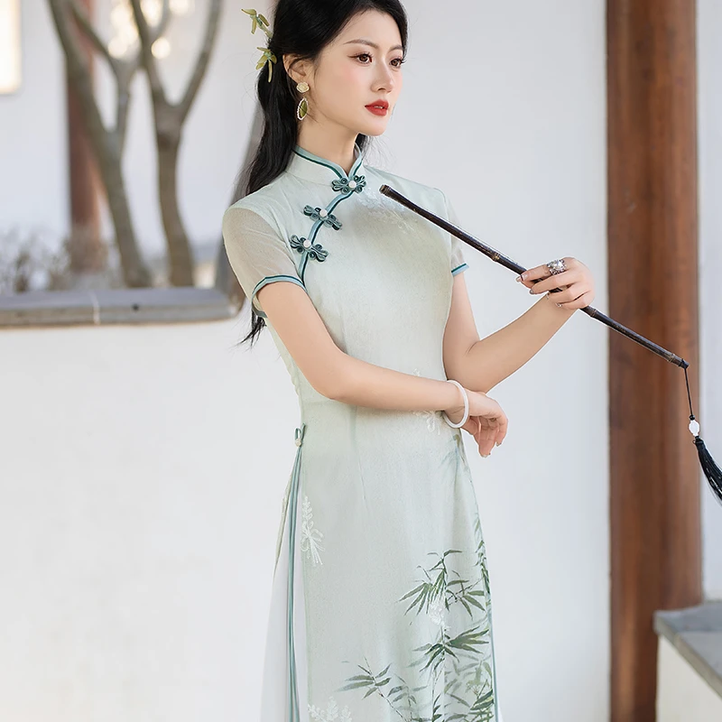 送考中国风旗袍日常复古中长款优雅新中式走秀礼服连衣裙夏季2025