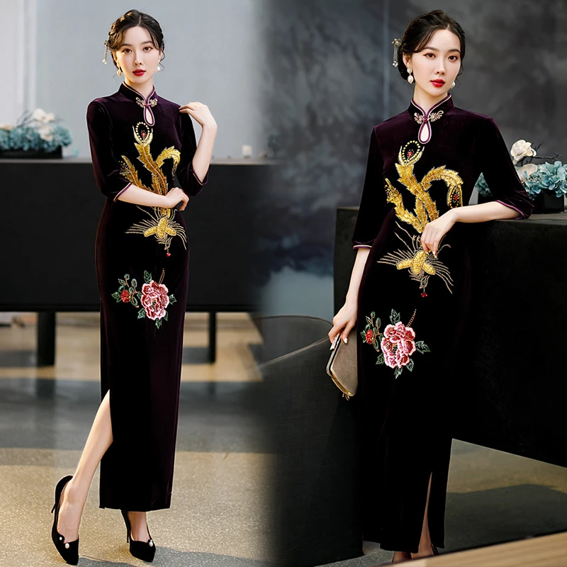 2023秋冬喜婆婆婚宴装旗袍金丝绒喜妈妈装中式优雅旗袍礼服连衣裙