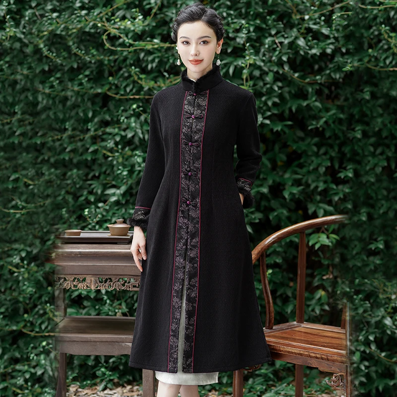 秋冬改良旗袍复古提花加厚长袖连衣裙新中式刺绣气质修身旗袍裙子