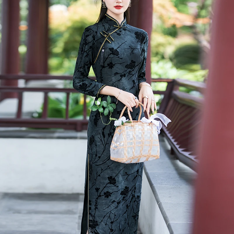 改良旗袍2024新款秋冬装高端修身显瘦优雅气质开叉老上海日常长款