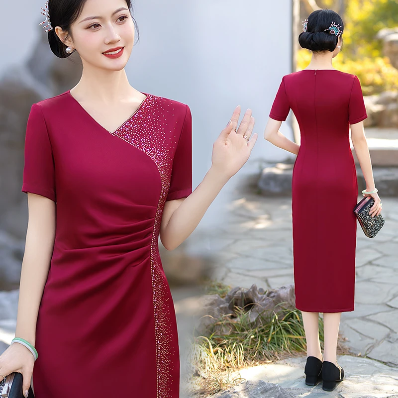 时尚女装红色宴会洋气晚礼服裙妈妈装高贵婚礼婚宴修身连衣裙夏季