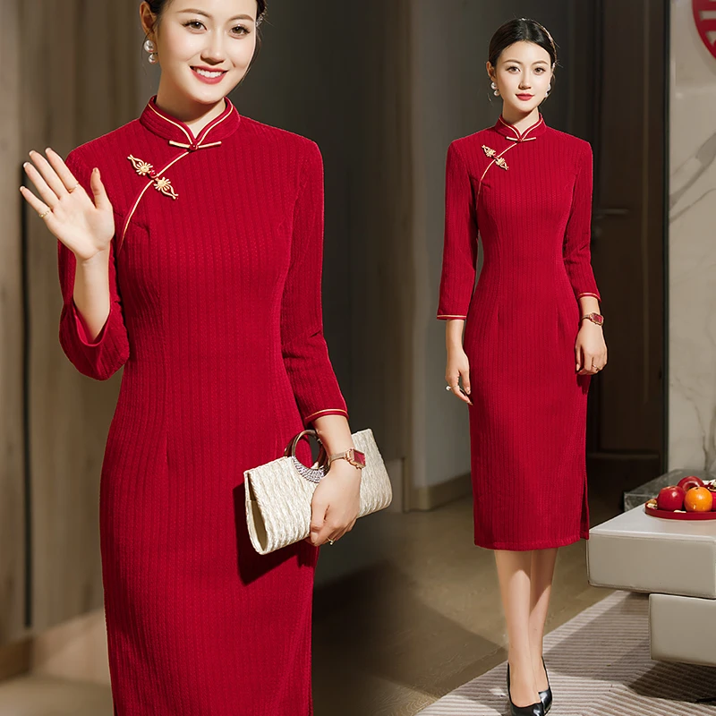 喜婆婆婚宴装旗袍连衣裙2023新款冬季婚礼礼服妈妈装高端旗袍裙子