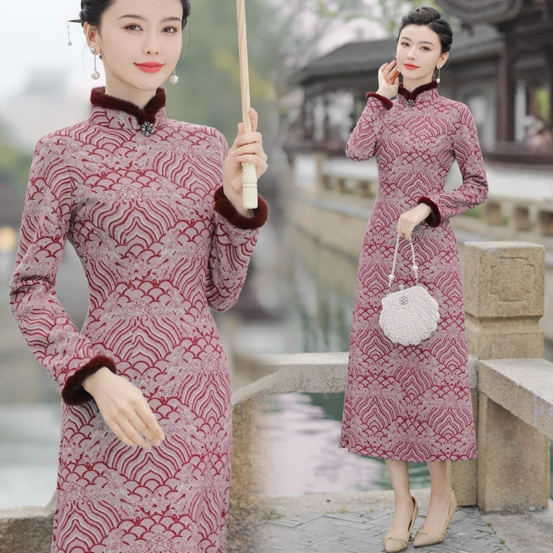 年货节妈妈装中国风旗袍裙时尚加厚礼服连衣裙贺新年显瘦改良旗袍