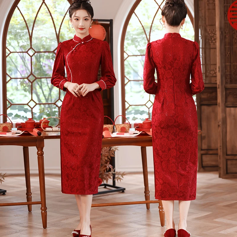 秋冬红色旗袍中国风婚礼喜婆婆喜妈妈婚宴装礼服高端日常敬酒服春