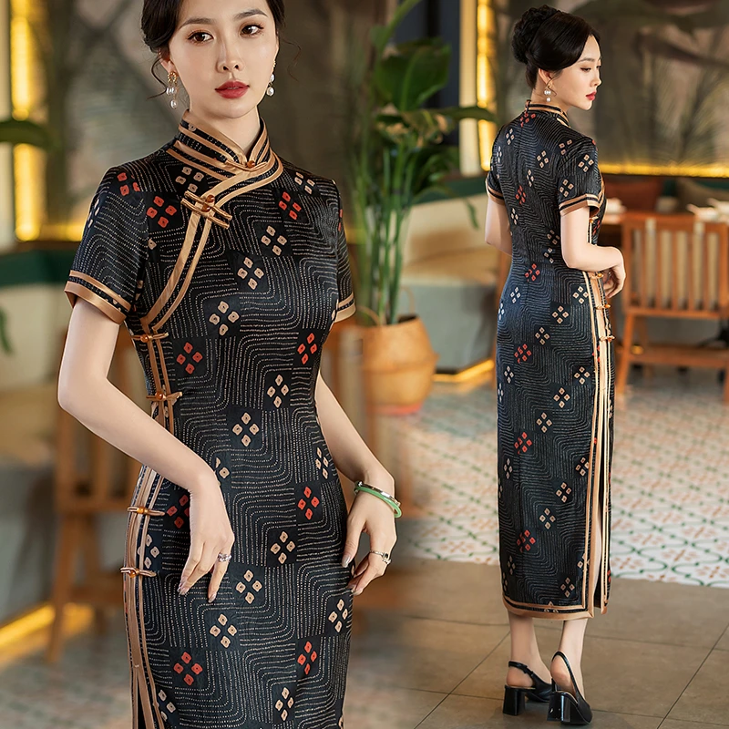 高档大码妈妈装日常旗袍复古民国风修身显瘦礼服黑色长款连衣裙