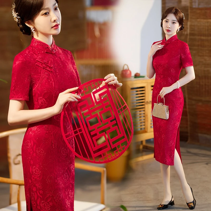 新款喜婆婆中国风旗袍裙妈妈装新娘婚礼敬酒服蕾丝礼服连衣裙夏季