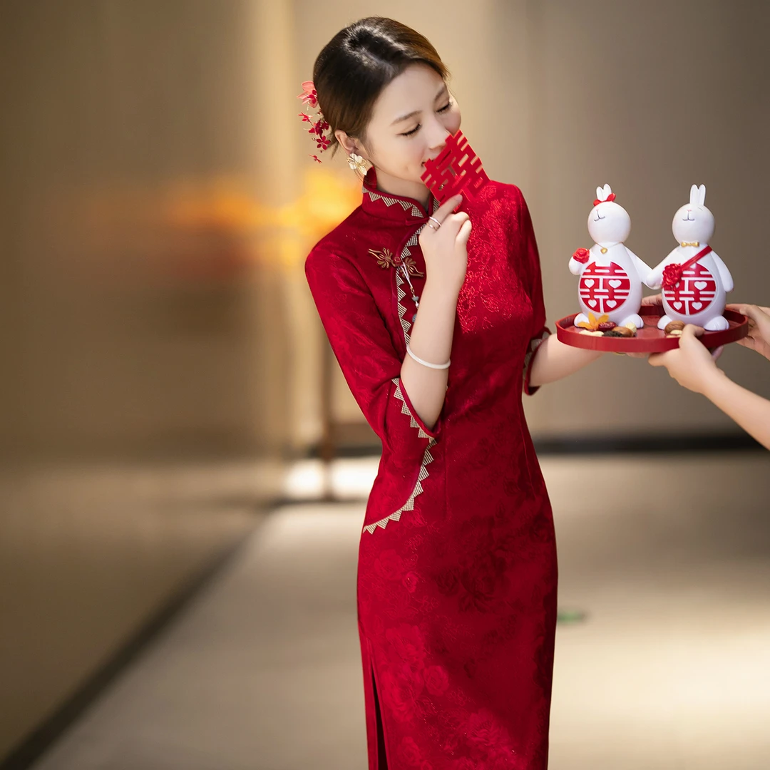 结婚宴喜婆婆装旗袍连衣裙高贵婚礼妈妈装秋冬优雅新娘礼服旗袍裙