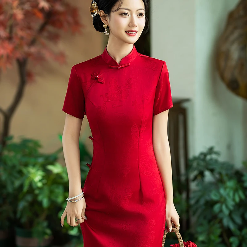 高端喜婆婆婚宴装红色中式旗袍款连衣裙婚礼妈妈装敬酒红礼服裙夏